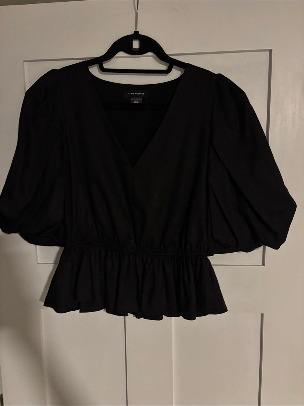 Club Monaco Black V-Neck Puff-Sleeve Peplum Top Medium